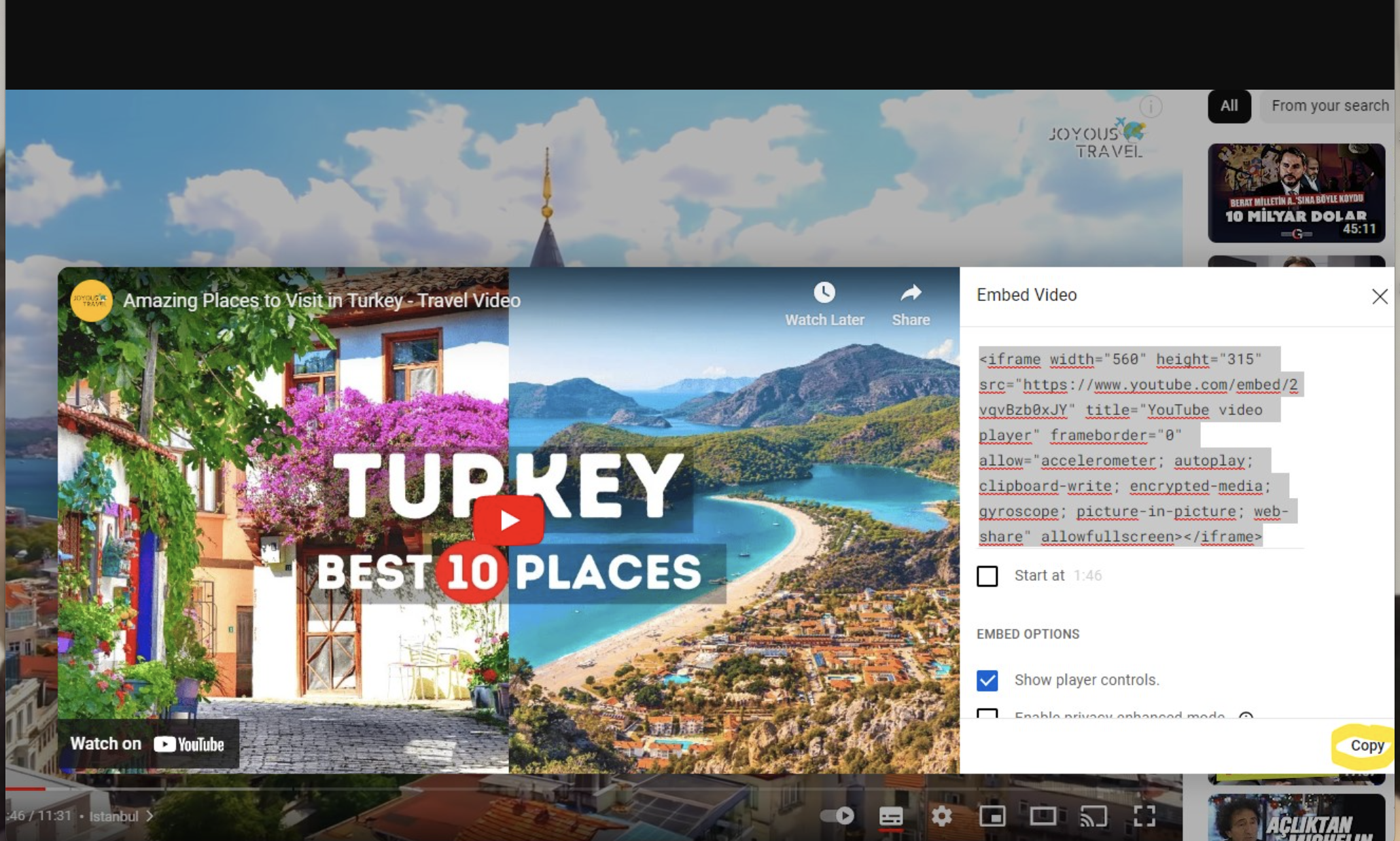 Copying the embed code